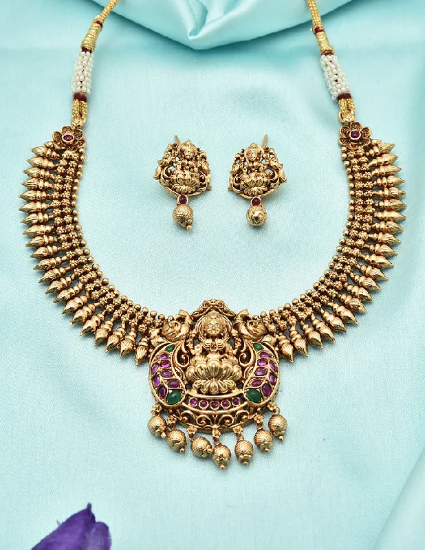 Designer Necklace for Women-Designer Matt Lakshmi Devi Kempu Necklace Set