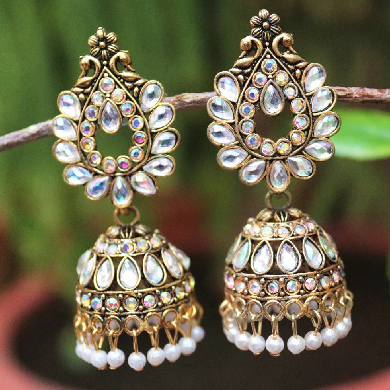 Ethnic Style Earrings-H K Fashion Antic Gold Plated Austrian Stone Pearls Jhumki Earrings