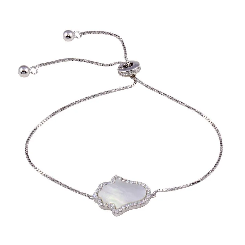 Pearl Bracelet for Wedding-Rhodium Plated 925 Sterling Silver Lariat Side Way Mother of Pearl Hamsa CZ Bracelet - STB00574