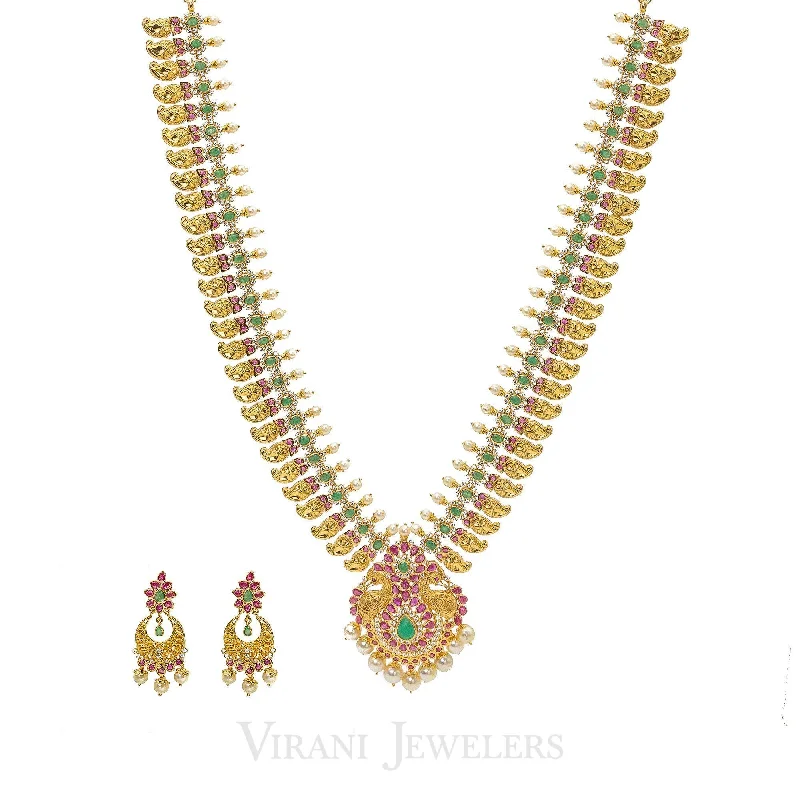 Simple Beaded Necklace-22K Yellow Gold Necklace & Earrings Set W/ CZ, Ruby, Emerald & Mango Details