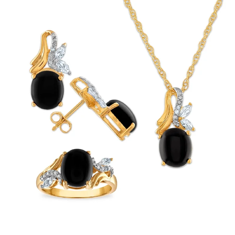 Silver Band Ring-Onyx and White Sapphire Ring Pendant Earrings Set in Gold Plated Sterling Silver