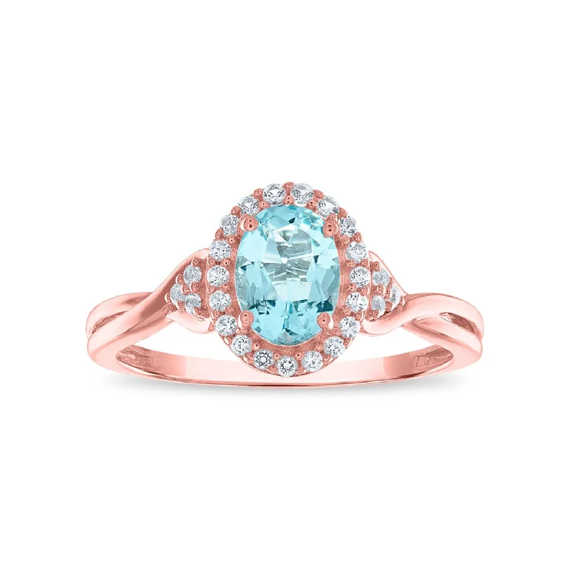 Gemstone Eternity Ring-7X5MM Simulated Aquamarine and White Sapphire Ring in 10KT Rose Gold