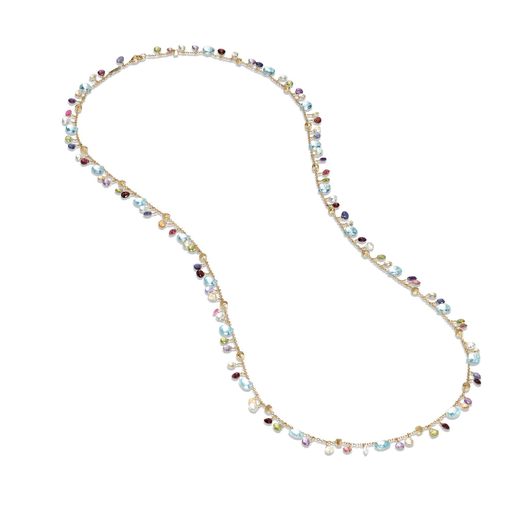 Gold Necklace for Everyday Wear-Marco Bicego Paradise Collection Yellow Gold Blue Topaz and Mixed Gemstone Long Necklace