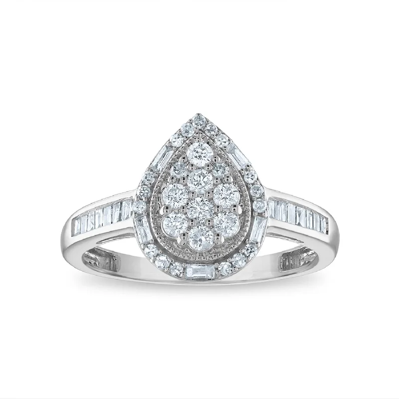 Custom Engraved Ring-1/2 CTW Diamond Cluster Pear Shape Ring in 10KT White Gold