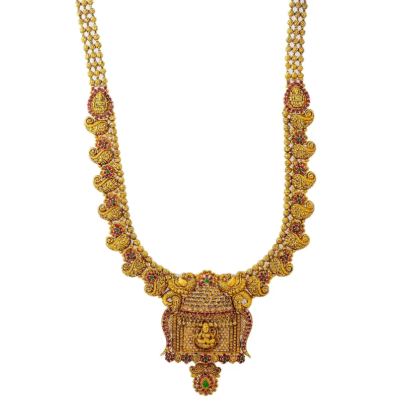 Natural Gemstone Necklace-22K Yellow Antique Gold Laxmi Mango Necklace W/ Rubies, Emeralds & Royal Temple Design