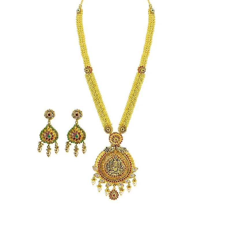 Handcrafted Silver Necklace-22K Yellow Gold Necklace & Earrings Set W/ Ruby, Emerald, CZ & Pearls on Thick Round Beaded Chain