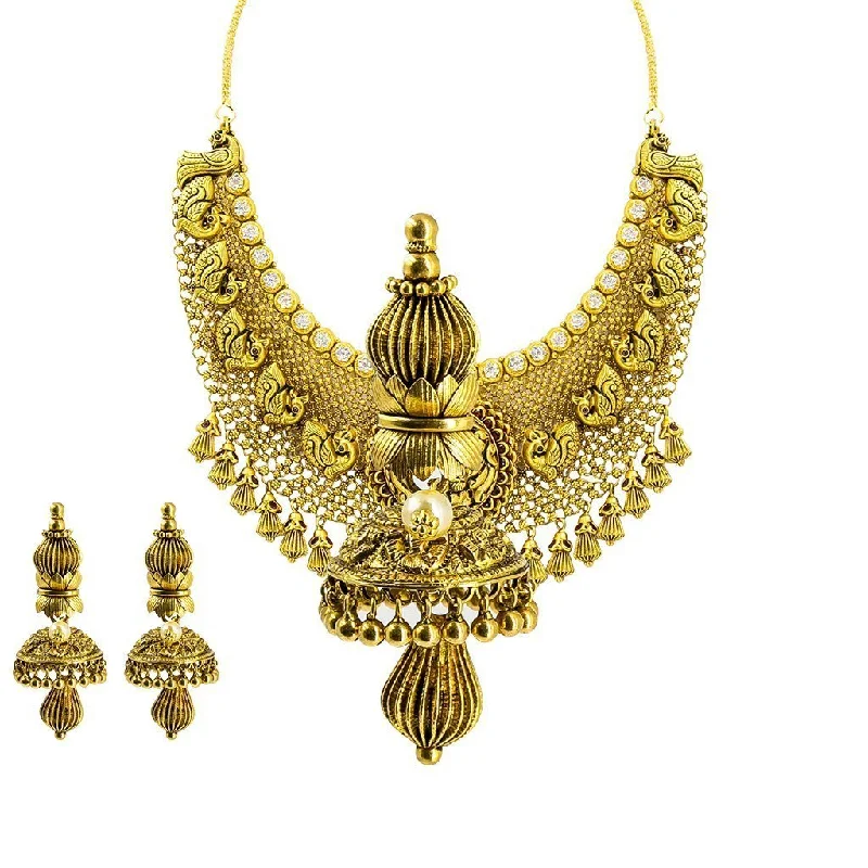 Statement Necklace for Wedding-22K Yellow Gold Necklace & Earrings Set W/ CZ & Carved Details on Jhumki Pendant Choker