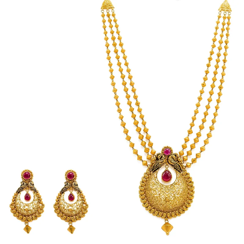 Silver Chain with Gemstones-22K Yellow Gold Necklace And Chandbali Earrings Set W/ Rubies, Gold Bicone Strands & Chandbali Pendants