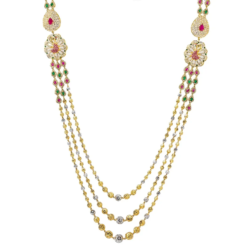 Chunky Chain Necklace-22K Multi Tone Gold Layered Haaram Necklace W/ Rubies, Emeralds, CZ Gemstones & Ornate Side Pendants