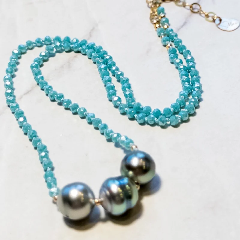 Silver Chain with Gemstones-Triple Tahitian Hand-knotted Gemstone Necklace