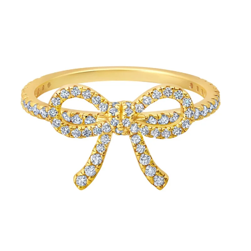 Chunky Silver Ring-Crislu Cubic Zirconia Fashion Fairy-Tale Bow Ring in 18KT Yellow Gold Plated Sterling Silver. Size 7