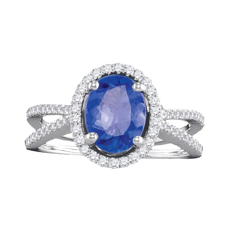 Sapphire Halo Engagement Ring-Tanzanite and Diamond Ring in 14KT White Gold