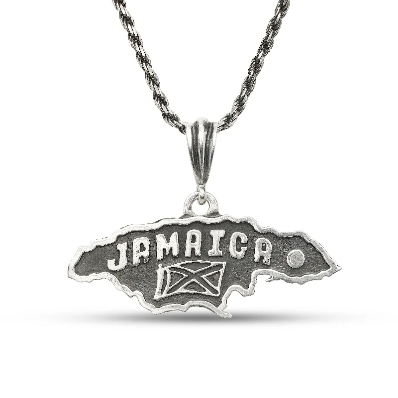 Large Pendant Necklace-Better Jewelry .925 Sterling Silver Black Oxidised Jamaica Map Pendant Necklace w. Rope chain