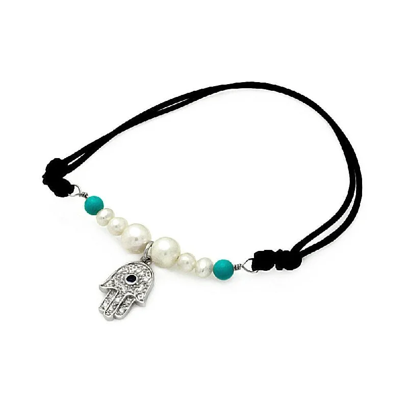 Elegant Gold Bracelet-Silver 925 Rhodium Plated Pearl Turquoise Beads Hamsa Clear CZ Black Cord Bracelet - STB00491