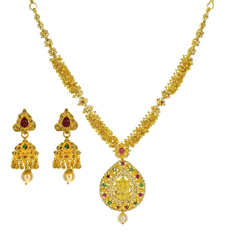 Adjustable Chain Necklace-22K Yellow Gold Uncut Diamond Temple Necklace Set W/ 6.46ct Uncut Diamonds, Rubies, Emeralds, Pearls & Laxmi Pendants