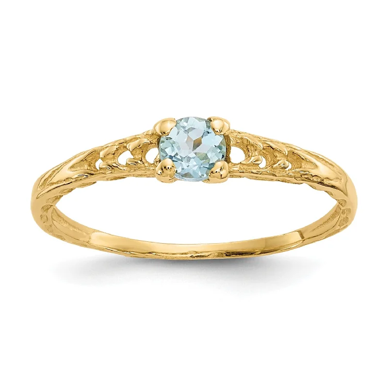 Minimalist Engagement Ring-14KT Yellow Gold 3MM Round Aquamarine Birthstone Baby Ring; Size 3