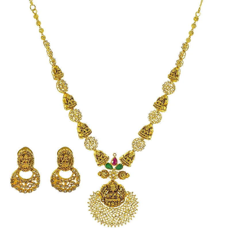 Statement Necklace for Wedding-22K Yellow Gold Uncut Diamond Antique Temple Necklace Set W/ 7.36ct Uncut Diamonds, Rubies, Emeralds & Laxmi Pendants