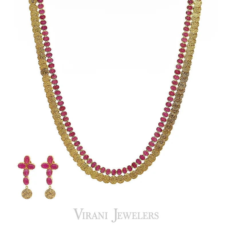 Black Onyx Necklace-Long Kasu Necklace & Earrings Set W/ Faceted Rubies & Engraved Coins