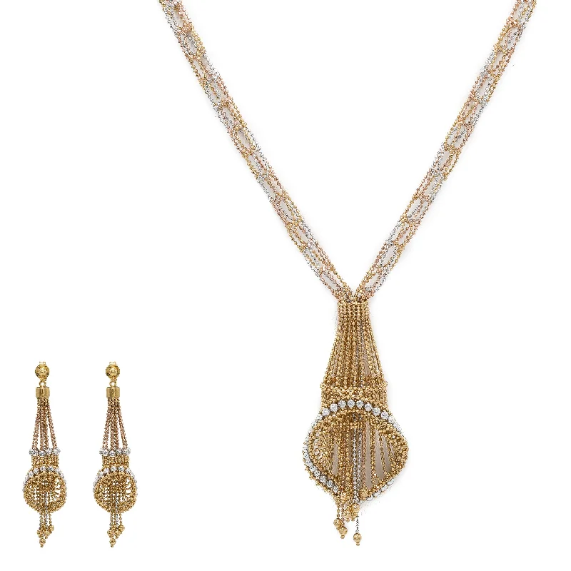 Luxury Pendant Necklace-22K Multi Tone Gold Earrings & Necklace Set W/ Beaded Draped Chandelier Pendants