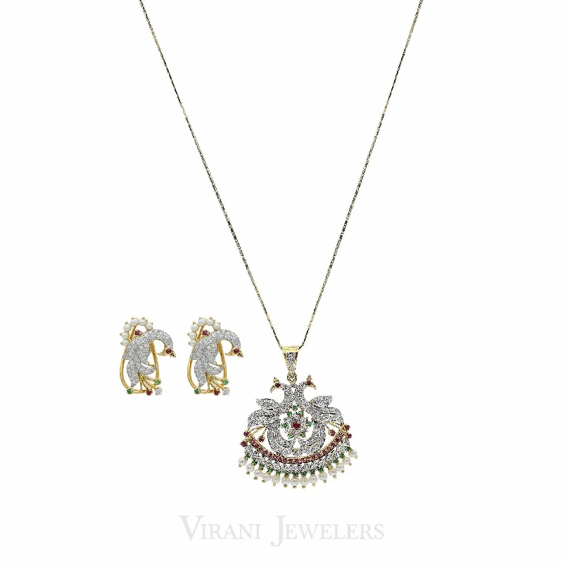 Fashionable Choker Necklace-2.23CT Diamond Bisou Peacock Necklace & Earring Set in 18K Yellow Gold W/ Multi Gems