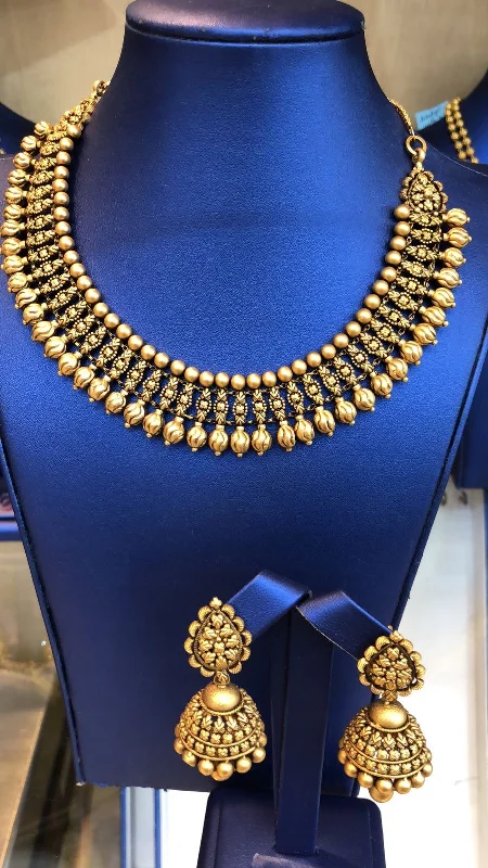 Long Necklace for Party-22K Antique Gold Fan Statement Necklace & Jhumkis Earrings Set