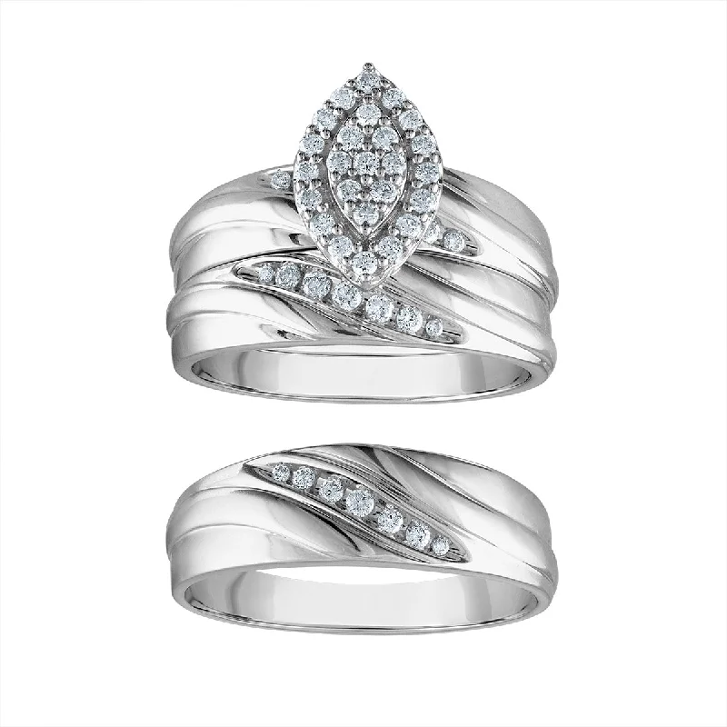 Personalized Couples Ring-3/8 CTW Diamond Halo Wedding Trio Set in 10KT White Gold