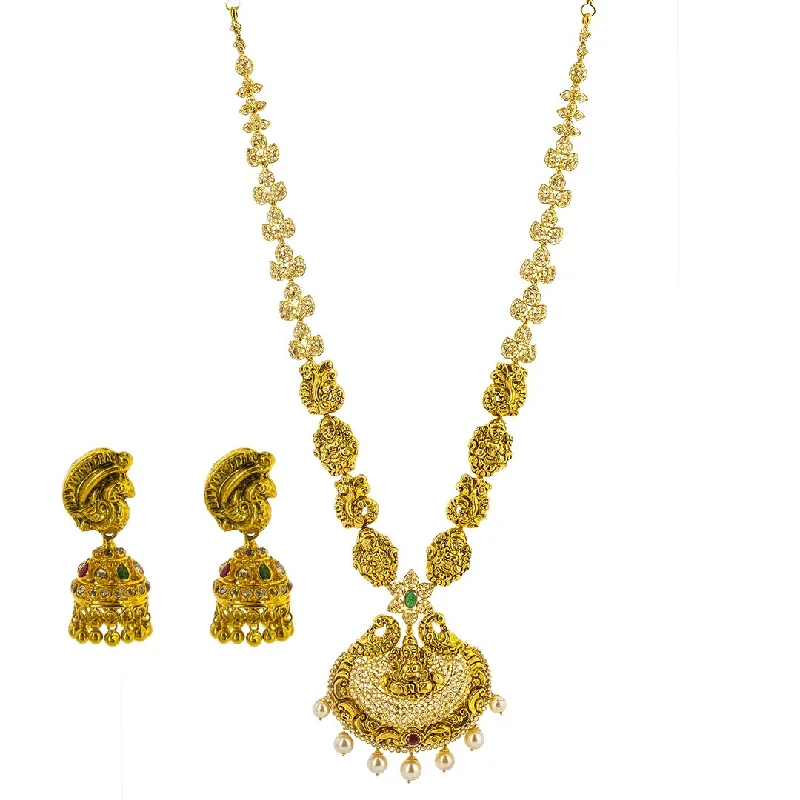 Custom Birthstone Necklace-22K Yellow Gold Uncut Diamond Laxmi Necklace & Jhumki Earrings Set W/ 12.05ct Uncut Diamonds, Rubies, Emeralds & Drop Pearls