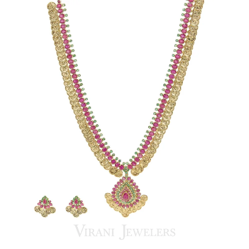 Classic Chain Necklace-Multi-Stone Ruby& Emerald Kasu Drop Necklace and Earrings Set in 22K Yellow Gold