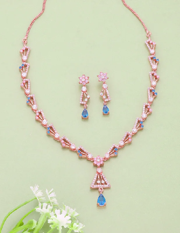 Star Pendant Necklace-Floral Design Rose Gold Zirconia Necklace Set