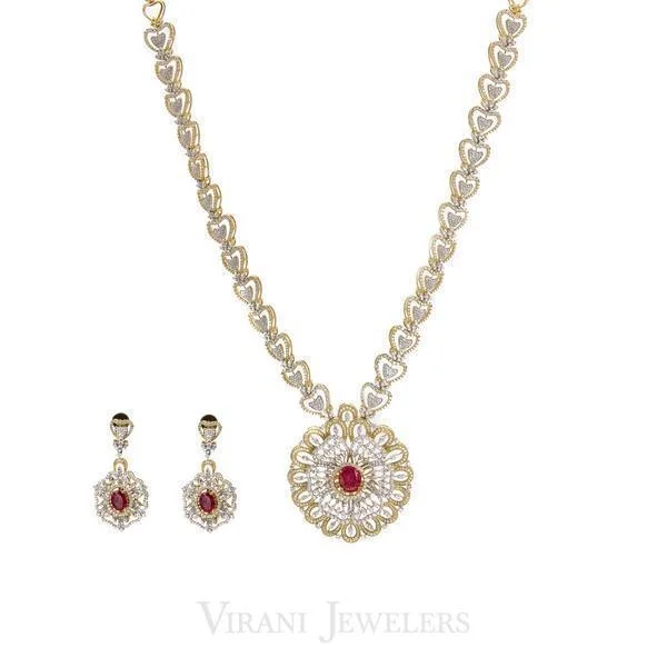 Gold Link Necklace-15.65 CT Diamond Necklace and Earring Set W/ Heart Shaped Chain Link