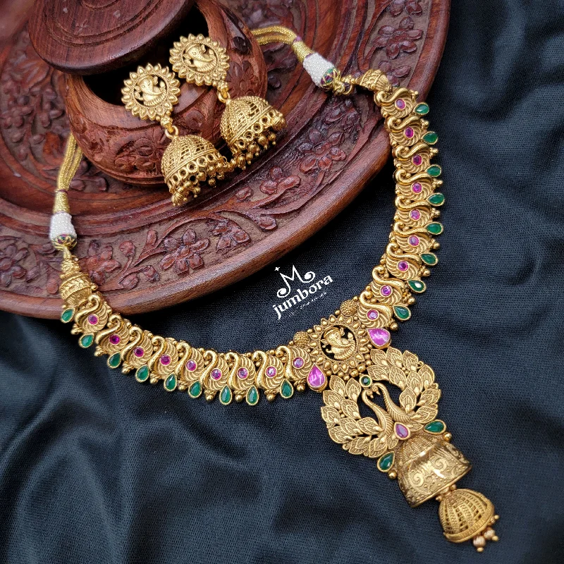 Chunky Gold Necklace-Temple Jewelry Gold Alike Ganesha & Peacock Kemp Necklace set