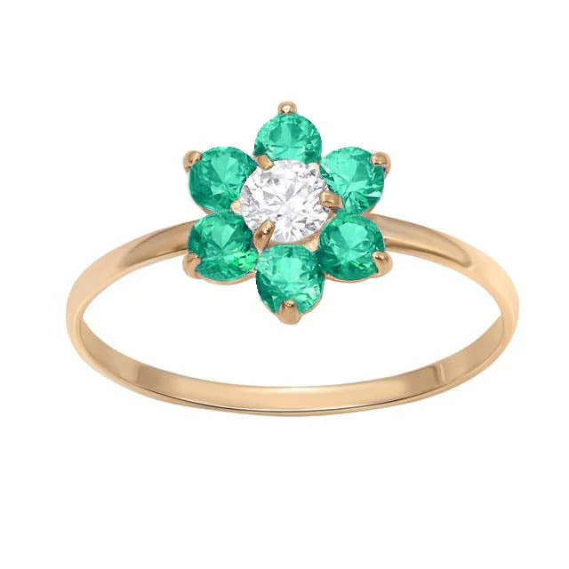 Handmade Engagement Ring-10KT Yellow Gold Emerald Childrens Birthstone Flower Ring; Size 3