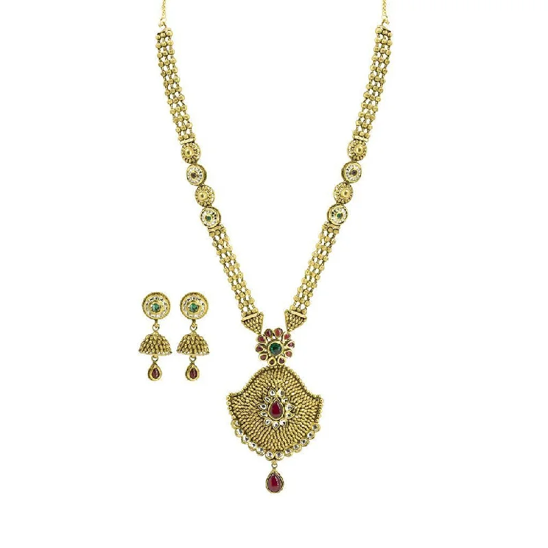 Green Gem Necklace-22K Yellow Gold Necklace & Jhumki Earrings Set W/ Kundan & Beaded Three Strand Necklace