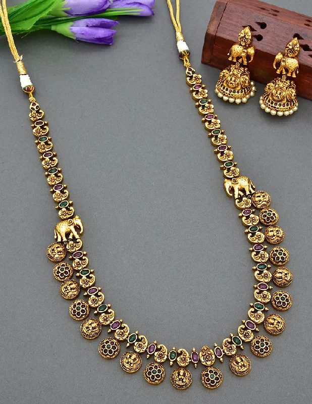 Crystal Necklace for Wedding-Antique Long Necklace Set With 2 Side Elephant Design