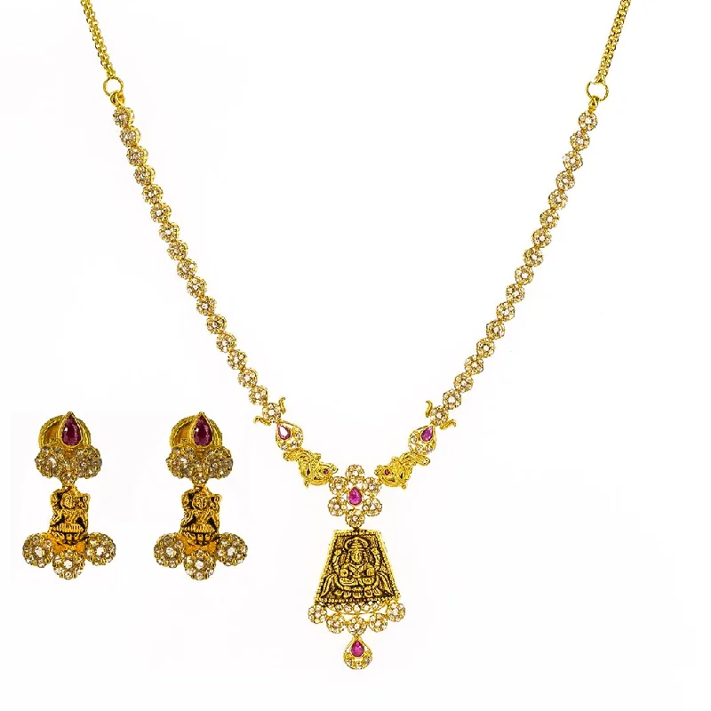 Multi-Colored Bead Necklace-22K Yellow Gold Uncut Diamond Antique Temple Necklace Set W/ 7.13ct Uncut Diamonds, Rubies & Laxmi Pendants