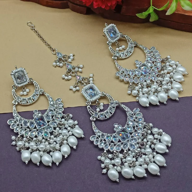 Beaded Earrings-India Art Silver Plated Crystal Stone Earrings With Maangtikka