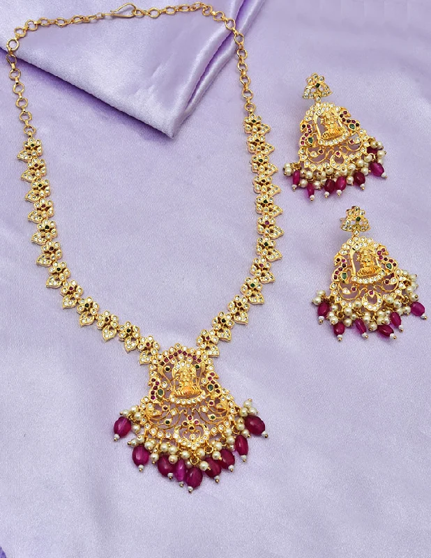 Vintage Diamond Necklace-Designer Gold Pink Necklace Set