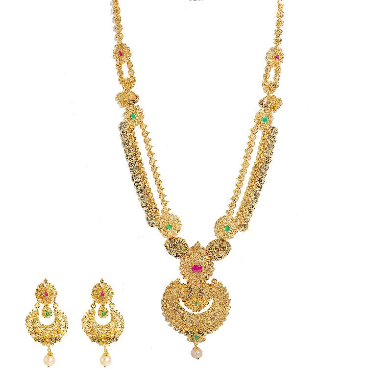 Personalized Heart Necklace-22K Yellow Gold Diamond Necklace & Chandbali Earrings Set W/ 33.95ct Uncut Diamonds, Rubies, Emeralds, Pearls & Laxmi Kasu