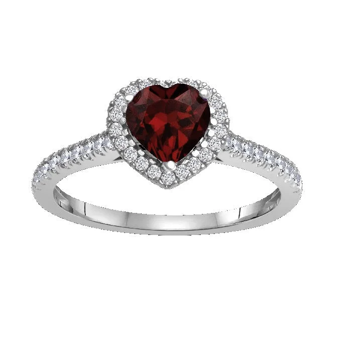 Titanium Wedding Ring-6MM Heart Shape Garnet and White Sapphire Birthstone Heart Ring in 10KT White Gold