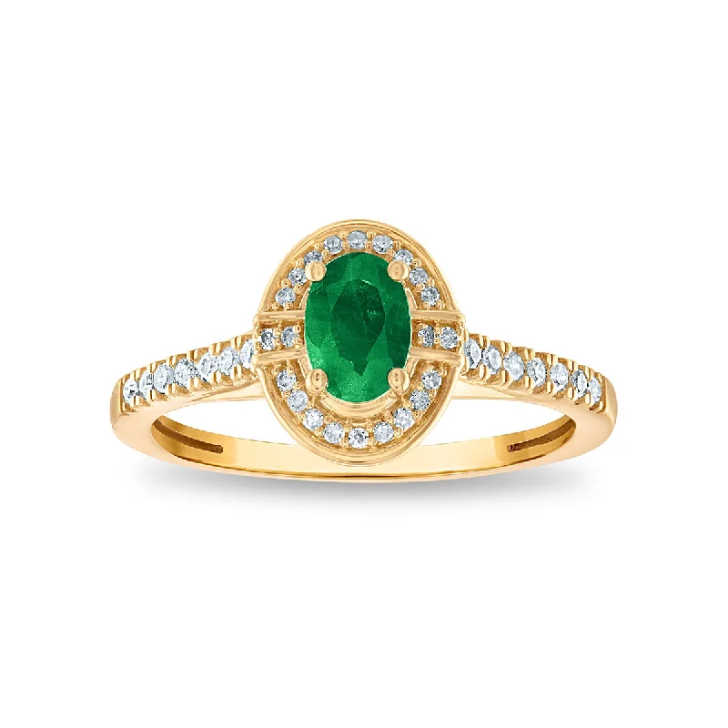 Personalized Wedding Ring Set-LoveSong 6X4MM Oval Emerald and Diamond Halo Ring in 10KT Yellow Gold