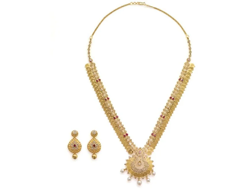 Classic Pearl Necklace-22K Yellow Gold Uncut Diamond Set W/ 16.04ct SI Uncut Diamonds, Rubies, Pearls & Laxmi Kasu