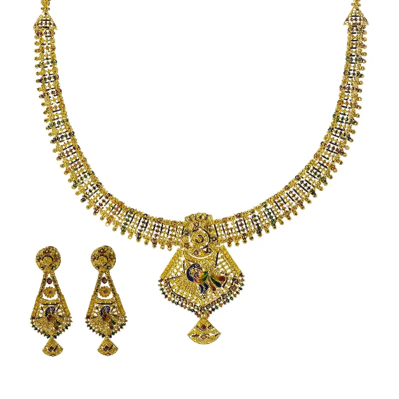 Classic Pearl Necklace-22K Yellow Gold Meenakari Necklace Set W/ Abstract Peacock Pendants