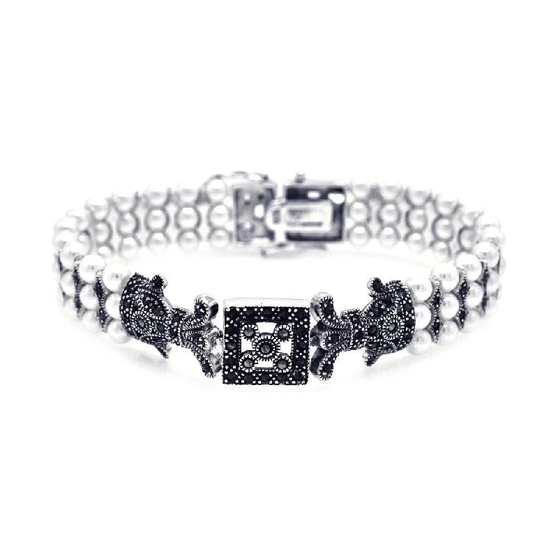 Diamond Link Bracelet-Silver 925 Rhodium Plated Pearl Marcasite and Black CZ Bracelet - STB00428