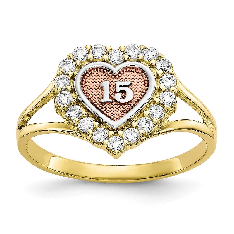 Customizable Wedding Ring-10KT Gold Tri-Color Cubic Zirconia Heart Quinceanera Ring; Size 6