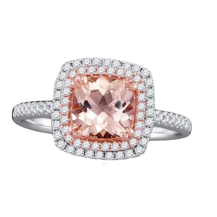 Bezel Set Engagement Ring-7MM Cushion Morganite and Diamond Halo Ring in 14KT White and Rose Gold