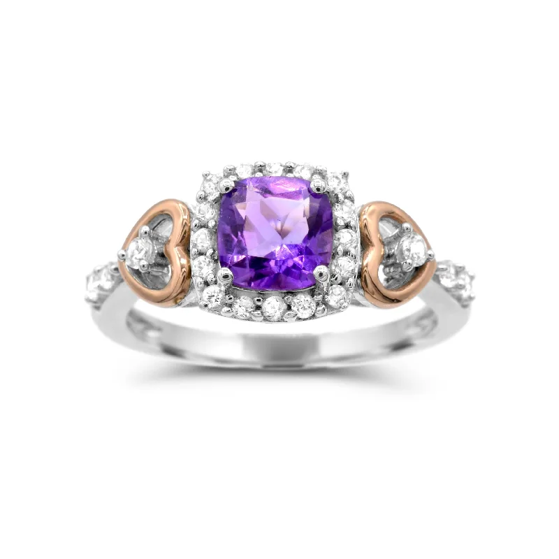 Custom Promise Ring for Women-6MM Cushion Amethyst and White Sapphire Heart Eternal Romance Ring in Sterling Silver