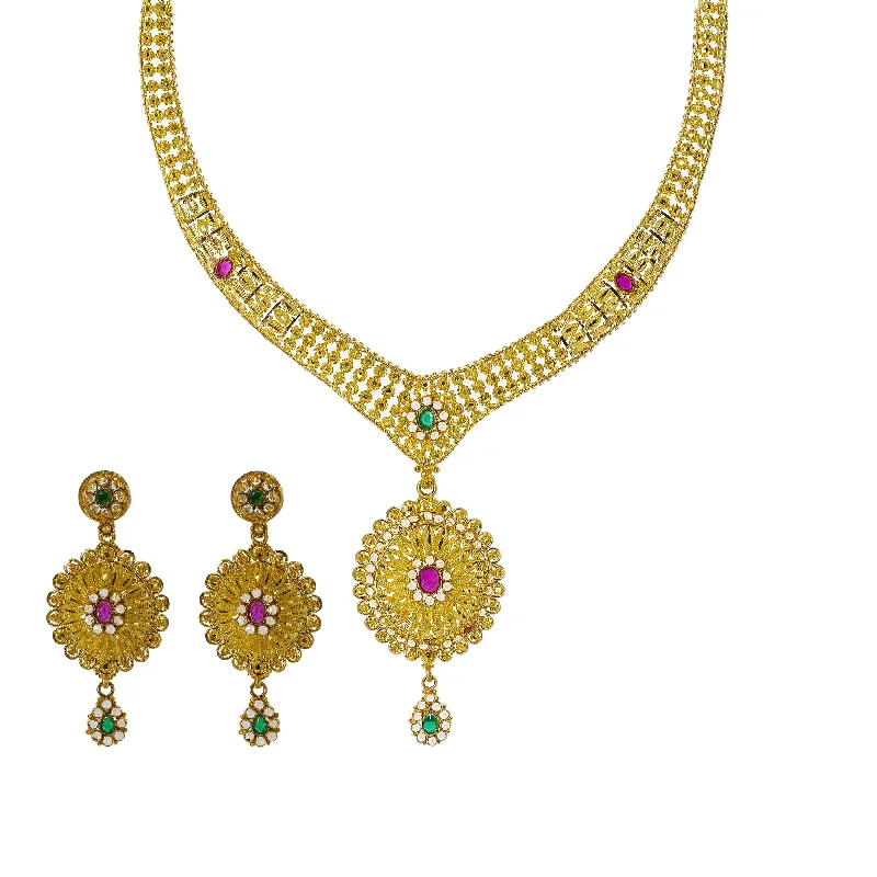 Black Diamond Necklace-22K Yellow Gold Necklace Set W/ Emeralds, Rubies, CZ Gems & Large Flower Pendants