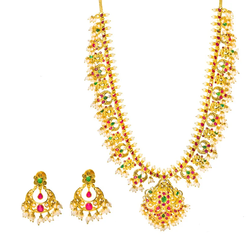 Unique Chain Necklace for Women-22K Yellow Gold Guttapusalu Necklace and Chandbali Earrings Set W/ Emeralds, Pearls, CZ , Rubies & Chandelier Pendant