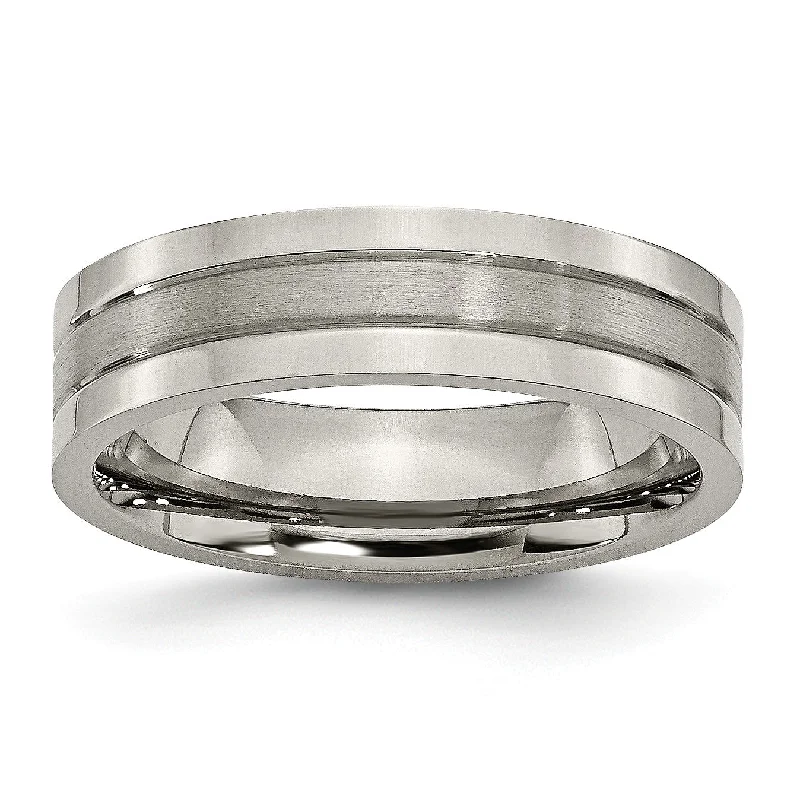 Simple Gold Wedding Ring-Titanium Grooved 6mm Brushed and Polished Band