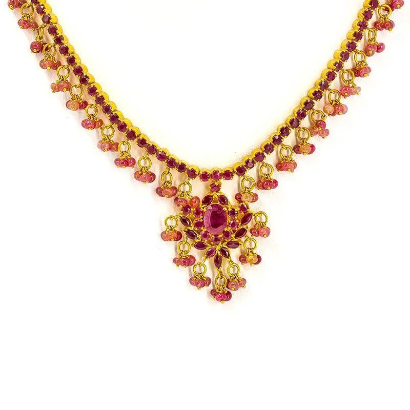 Dainty Silver Necklace-22K Gold Necklace and Earrings Set W/ Rubies